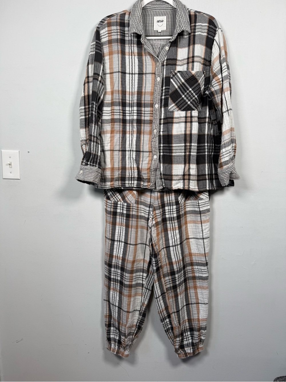 Aerie Women Plaid Soft Cotton Gauze Pajama Set 2pc Button Top Jogger Pants Sz L